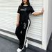 Women's Summer Fashion Color Block Set European American Style Casual round Neck Short Sleeve Top And Loose Trousers Two Piece Outfit Printed_ecoleips.com