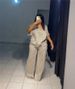 K Women's New Casual Loose V-neck Striped Short Sleeved Top, Wide Leg Pants Set_ecoleips.com