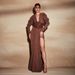 High-End European American Women's Long Sleeve Dress Sexy Slit Deep V Neck Formal Slim Fit with Heavy Duty Waist Belt Long Skirt_ecoleips.com