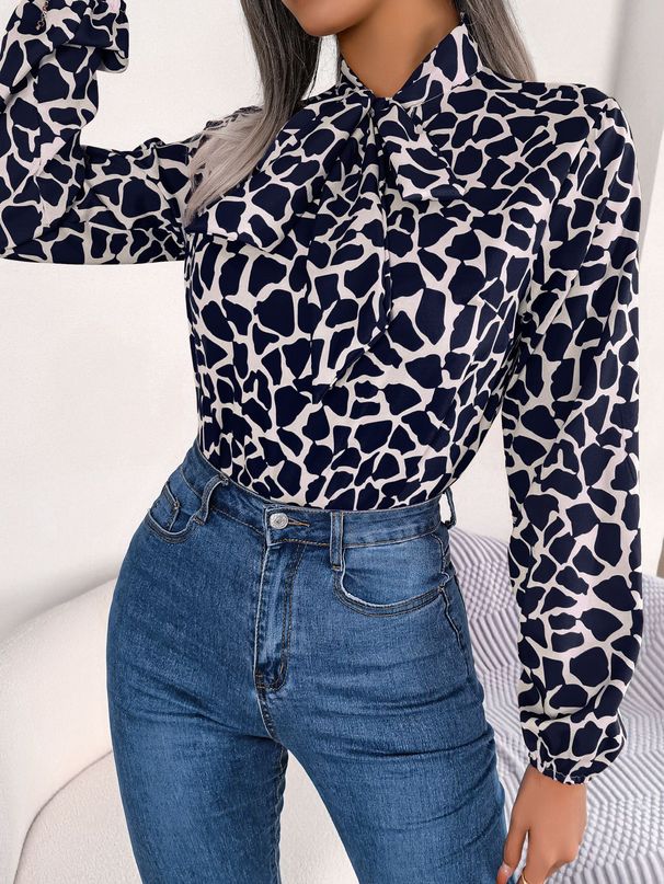 Instagram-style Real Shot Of 2026 Spring-summer Elegant Color-blocked Tie-dye Lantern Sleeve Chiffon Blouse._ecoleips.com