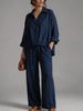 Women's Two Piece Set European American Style Relaxed Lapel V Neck Top High Waisted Drawstring Wide Leg Pants_ecoleips.com