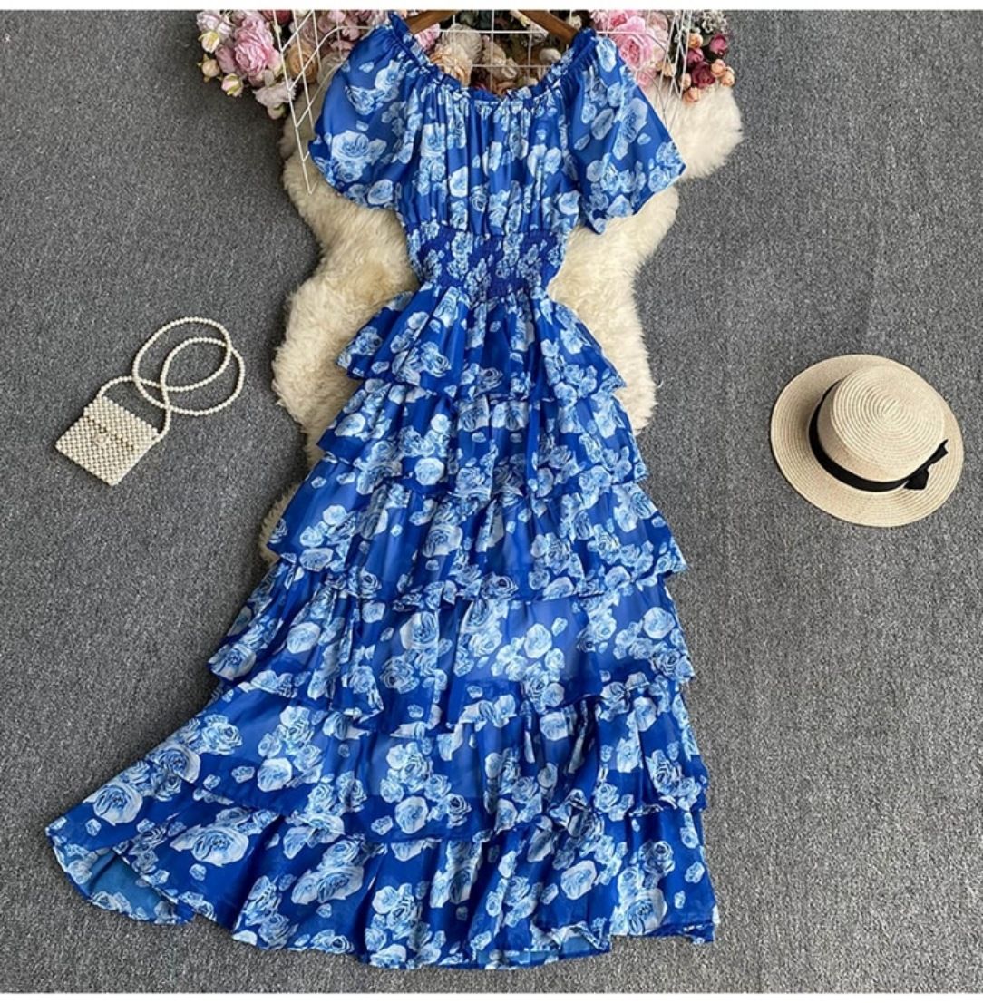 Retro Floral Chiffon Dress Slimming High Waist Bubble Sleeve Holiday Cake Skirt For Women Summer New Style_ecoleips.com
