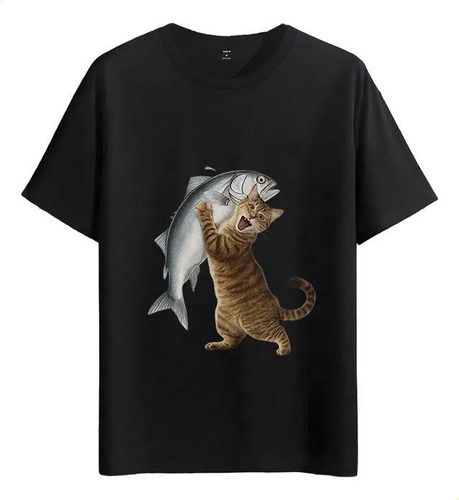 Women's T-Shirts Tshirt Muscle Freaks Cat And Fish Cartoon Style_ecoleips.com