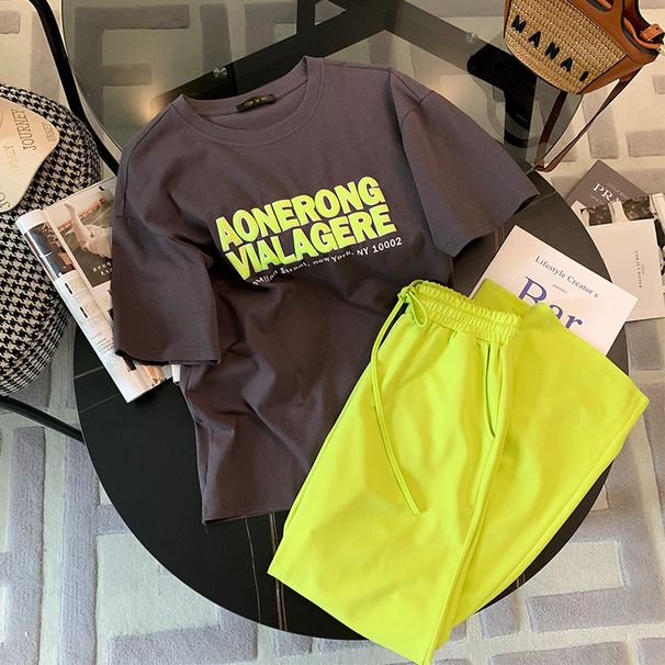 Women's Clothing Summer Temperament Commuting Cotton Pants Suit Short Sleeved Green Letter Loose T Shirt Fashion Casual Sports Suit_ecoleips.com
