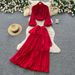 Women's Elegant Two Piece Set with Red Lantern Sleeve Three Dimensional Floral Design Fitted Waist Pleated Skirt for Spring_ecoleips.com