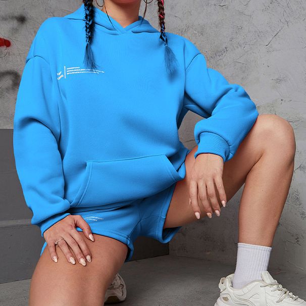 Women's Clothing Sweatshirt Three Quarter Pants Plus Velvet Warm Sports Solid Color Two Piece Suit_ecoleips.com