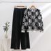 Women's Clothing fashion suit round neck loose jacquard slim long sleeve sweater high waist wide leg pants knitted two piece suit_ecoleips.com