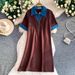 Women's European American Retro Slimming Denim Patchwork Zipper Collar Summer Casual Loose Straight Long Dress_ecoleips.com