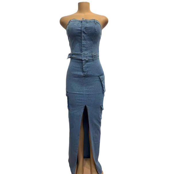 Women's Clothing Washed Denim Jumpsuit Dress Waist Tube Top Sexy Slit_ecoleips.com