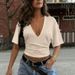 Summer Y2K Women's Casual Short Top T-Shirt Ruched Waist Slimming Deep V Neck Solid Color Style_ecoleips.com