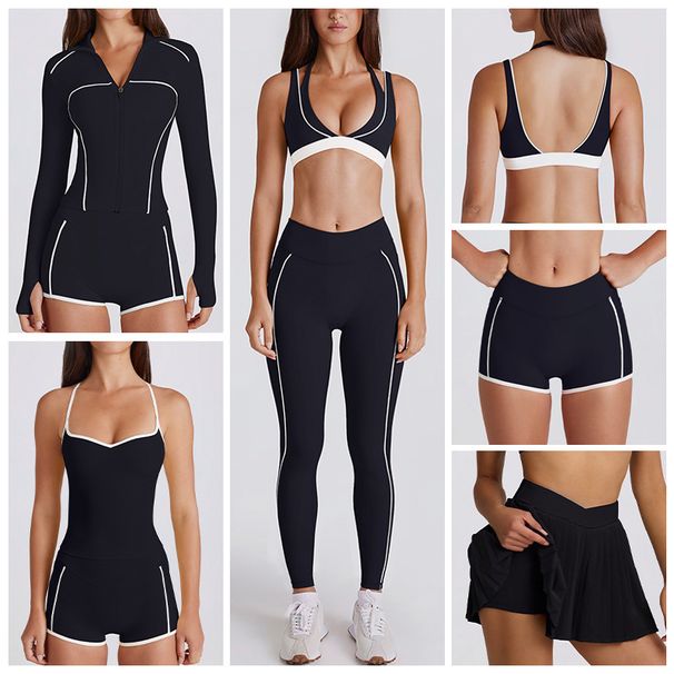 Women's 6-Piece Activewear Set – Contrast Sports Bra, Long/Short Sleeve Tops, Pants, Shorts & Skirt, Gym & Yoga Outfit_ecoleips.com