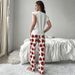 Women White Ruffle Sleeve Top Heart Print Long Pants Pajama Set Summer Soft Sleepwear Two Piece Lounge Wear Cute Nightwear_ecoleips.com