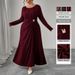 Women's Autumn Winter Brown Dress – Plus Size Long Sleeve Wrap Waist Ruffle Maxi Dress_ecoleips.com
