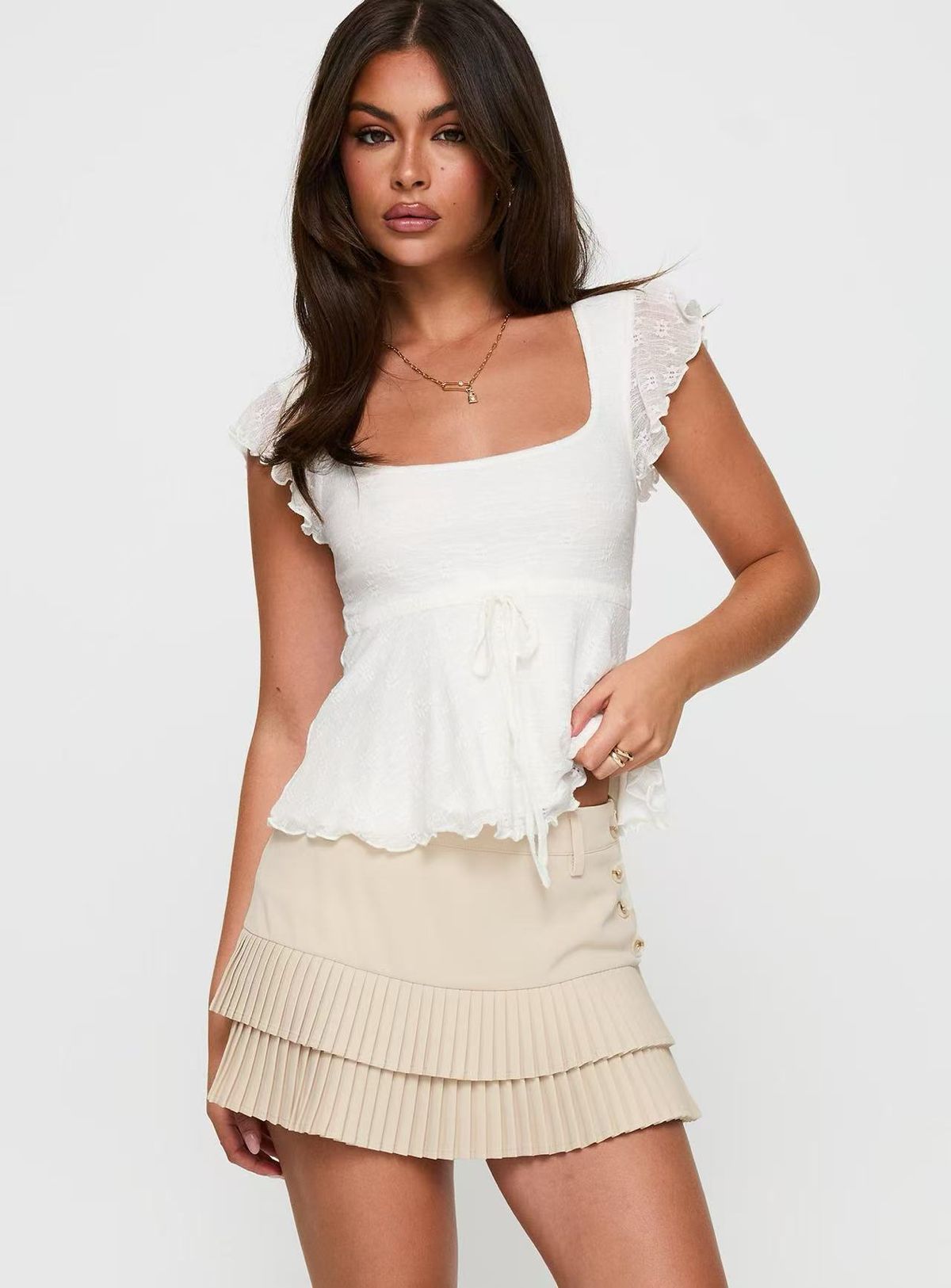 European And American Bubble Crepe Ruffle Trim Tie-Up Crop Top Spring Summer Slim Fit Short Sleeve_ecoleips.com