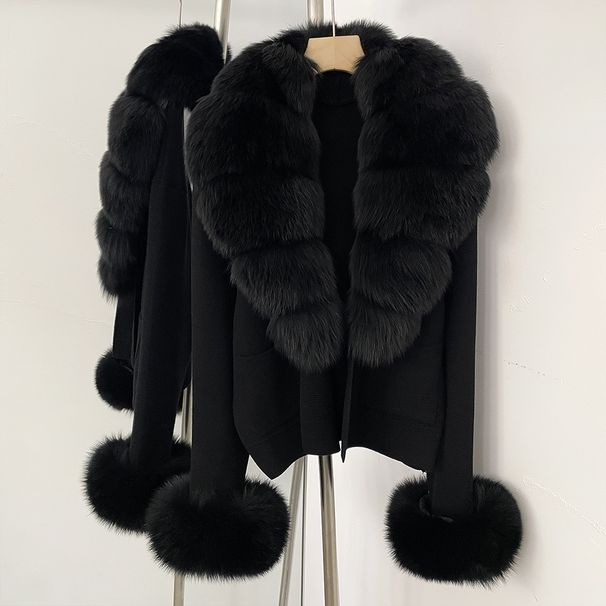 Luxury Short Knit Cardigan With Fox Fur Collar – Elegant Cropped Coat For Women (Acrylic Blend, Soft & Stylish)_ecoleips.com
