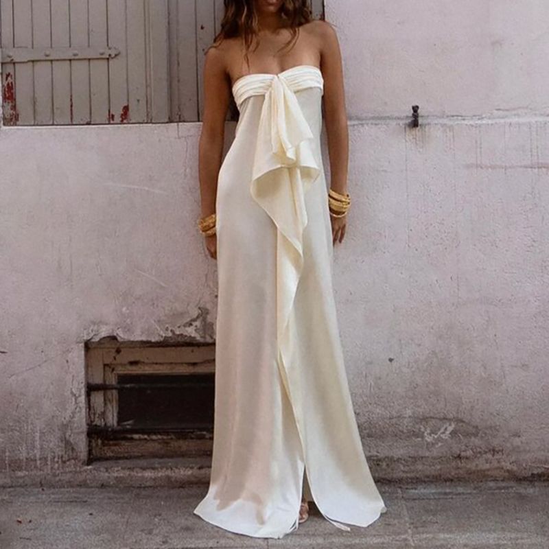 Fashion Ruffles Backless Solid Long Dress Elegant Strapless Hight Waist Satin Gowns Sexy Sleeveless Split Premium Vacation Dress_ecoleips.com