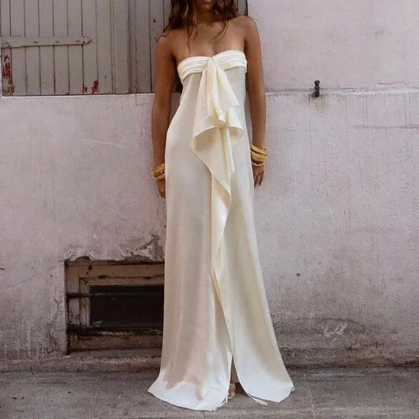 Fashion Ruffles Backless Solid Long Dress Elegant Strapless Hight Waist Satin Gowns Sexy Sleeveless Split Premium Vacation Dress_ecoleips.com