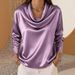 Women's Elegant Satin Top Long Sleeve Relaxed Fit Stacked Neck Luxe Polyester Blend Casual Office Wear Brick Red Lavender Mustard Sky Blue_ecoleips.com