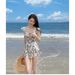 Sweet Floral Print Ruffle Sleeve One Piece Swimsuit Dress With Flared Skirt Modest Swimwear For Beach Pool Vacation_ecoleips.com