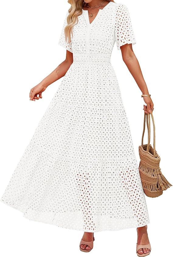 Women's Clothing V Neck A Line Hollow Lace Short Sleeved Mini Dress_ecoleips.com