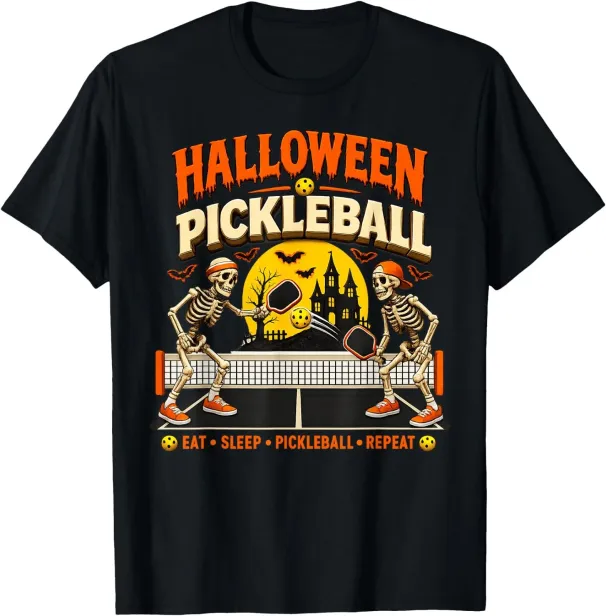 Women's T-Shirts Funny Halloween Pickleball Game Skeletons And Pickle Ball T-Shirt_ecoleips.com