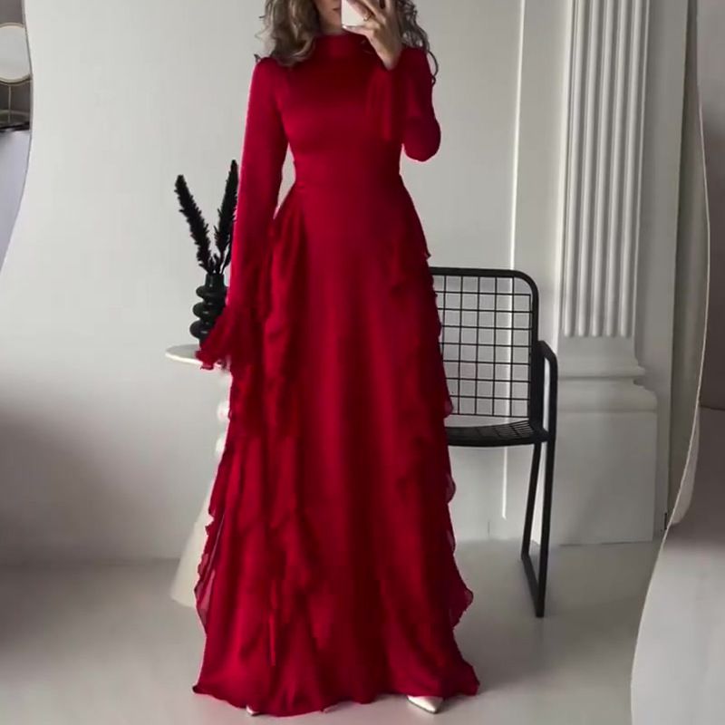 Women's Clothing Round Neck Trumpet Sleeve Temperament High Waist Stitching Slim Dress_ecoleips.com