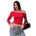 Voya Women's Slanted Neck Sweet And Spicy T-shirt With Spring And Summer Exposed Navel Design, Short Red Top For Women_ecoleips.com