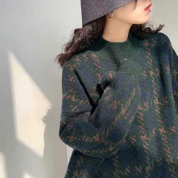 girl Autumn Winter Houndstooth New Christmas Thickened Wine Red Sweater For Women Retro Hong Kong High-end Lazy French Style_ecoleips.com