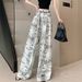 Suitable For All Seasons French Style Printed Linen Wide-Leg For Women, Summer Thin Loose Slimming Lazy Relaxed Ice Silk Straight Pants_ecoleips.com