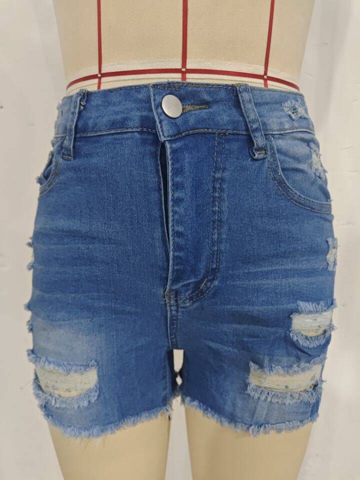 K New Women's Sexy Mid Waist Elastic Hip Lifting Punch Denim Shorts_ecoleips.com