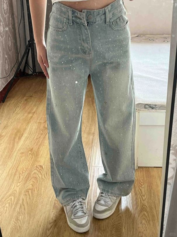 K Light Blue Rhinestone Straight Leg Jeans For Women's New Design, High Waist Slimming And Wide Leg Pants_ecoleips.com