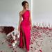 Women's one-shoulder pleated slit sexy satin dress temperament slim solid color dress_ecoleips.com