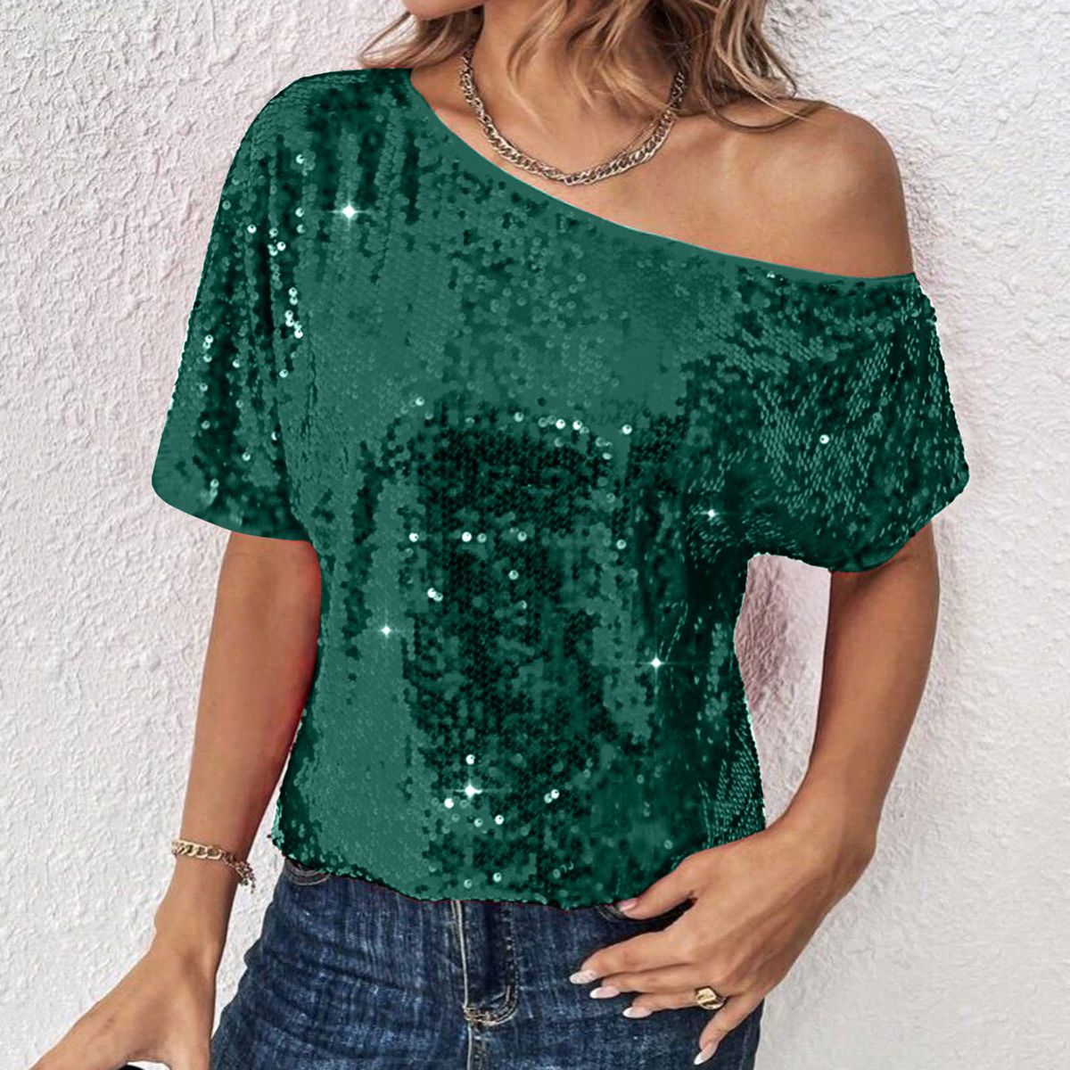 plus Size Women's Sequined Top Loose Off Shoulder Double Layer Casual Solid Color T-Shirt Women's Clothing_ecoleips.com