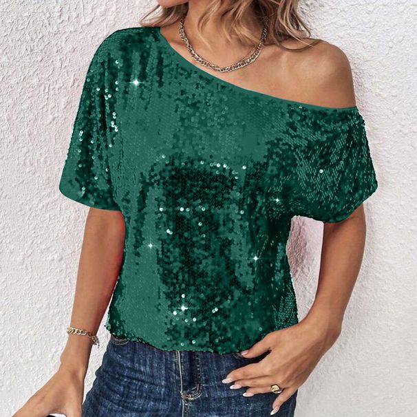 plus Size Women's Sequined Top Loose Off Shoulder Double Layer Casual Solid Color T-Shirt Women's Clothing_ecoleips.com