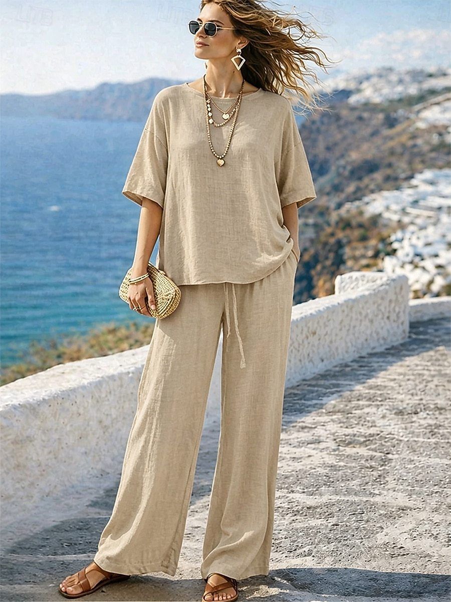 Summer 2 Piece Women's Casual Set with Drawstring Pockets European American Style Short Sleeve round Neck Top Wide Leg Pants_ecoleips.com