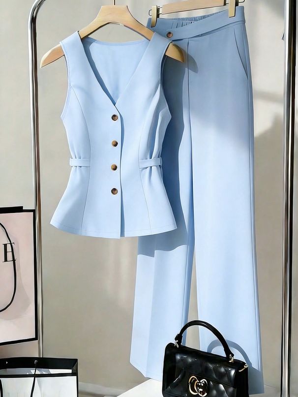 Women's Fashion Commuter Suit Set Sleeveless Waist Cinching Vest Trousers New Style Available for Purchase_ecoleips.com