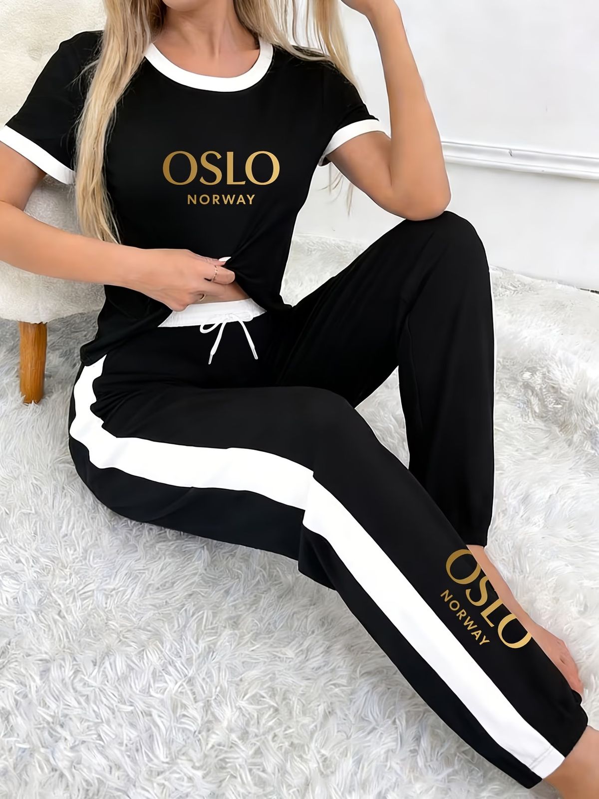 Women's Gold Gradient Letter Print Pant Set Casual Short Sleeve Crew Neck T-Shirt Top with Loose Wide Leg Pants Two-Piece Outfit_ecoleips.com