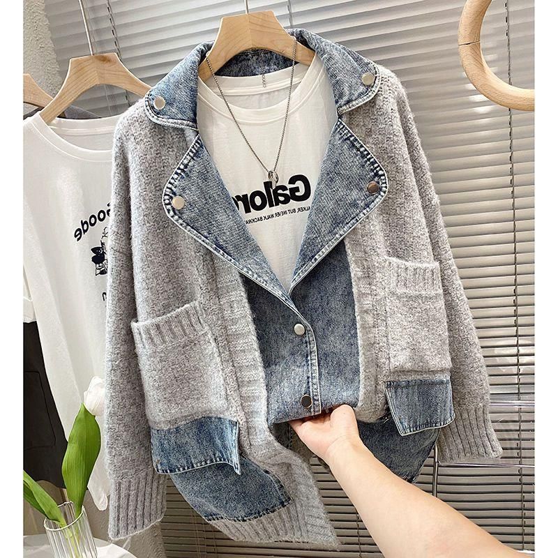 Aria Basics Aria Basics 2025 Plus Size Women's Clothing Autumn/Winter Korean Style Vintage Personality Patchwork Denim Jacket Casual Knit_ecoleips.com
