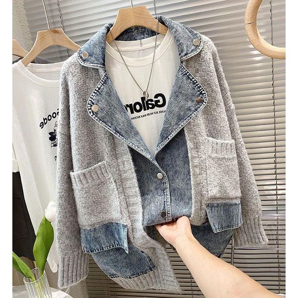 Aria Basics Aria Basics 2025 Plus Size Women's Clothing Autumn/Winter Korean Style Vintage Personality Patchwork Denim Jacket Casual Knit_ecoleips.com