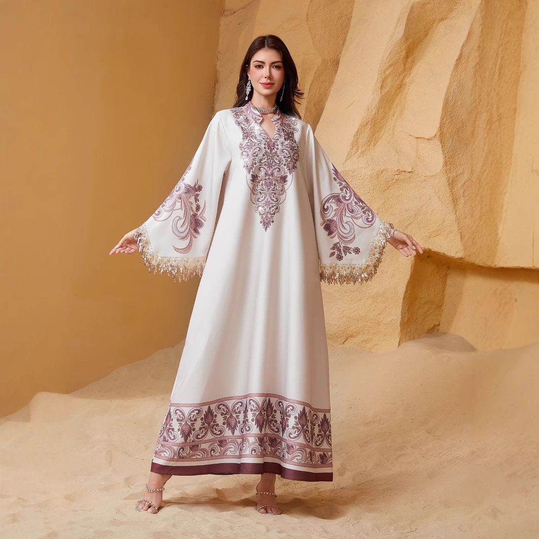 Elegant V-Neck Embroidered Abaya Dress With Fringe Detail – Flowy Muslim Long Dress For Women (Pink, S-XXL)_ecoleips.com