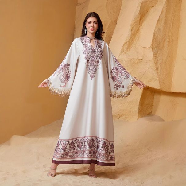 Elegant V-Neck Embroidered Abaya Dress With Fringe Detail – Flowy Muslim Long Dress For Women (Pink, S-XXL)_ecoleips.com