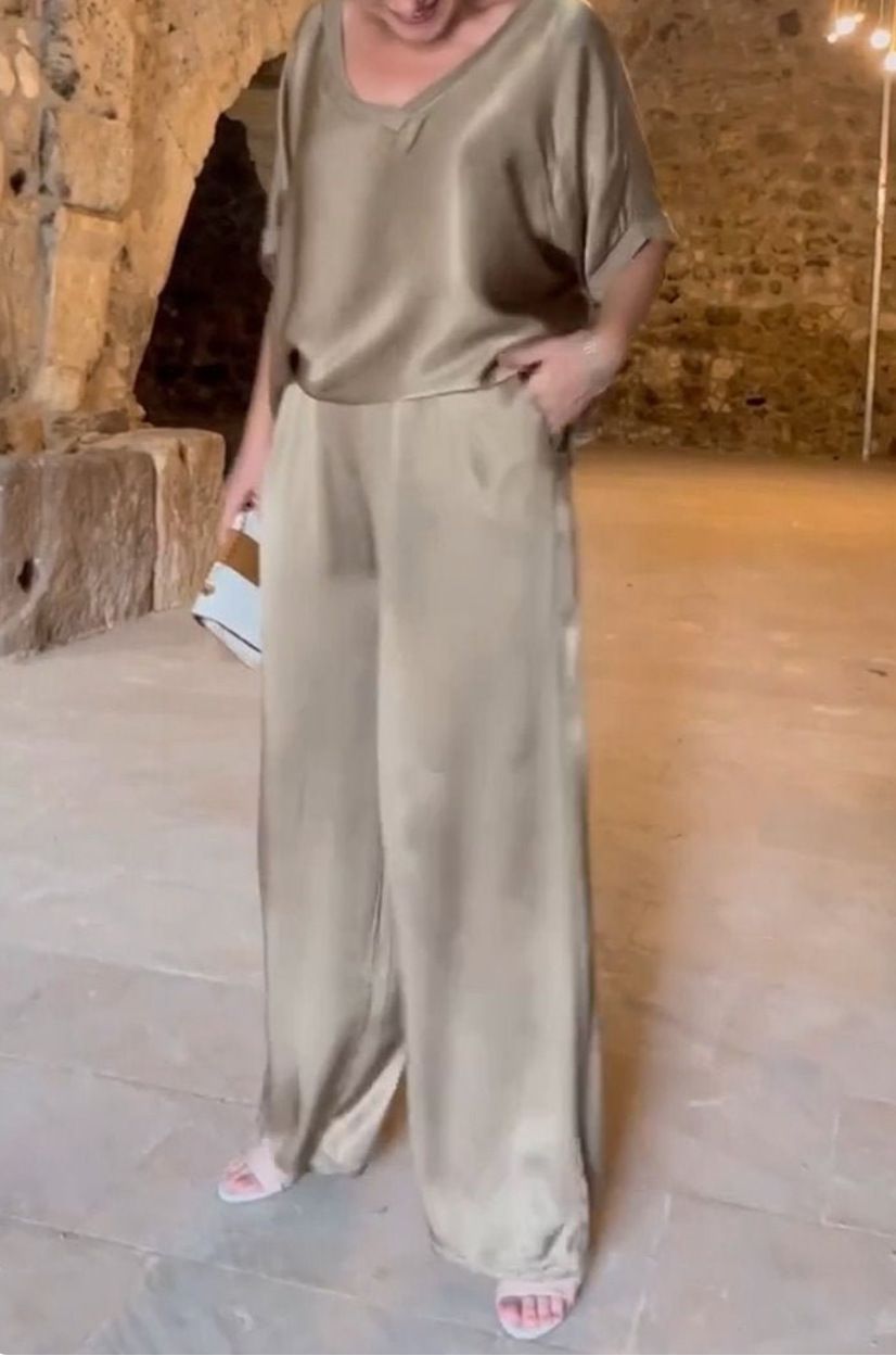 Women's Silky V-Neck Lounge Set Two Piece Outfit for Work Travel Black Burgundy Silver Lavender Blush Khaki_ecoleips.com