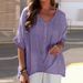 Women's Clothing cotton and linen V neck pullover short sleeved loose fitting women's shirt casual tops_ecoleips.com