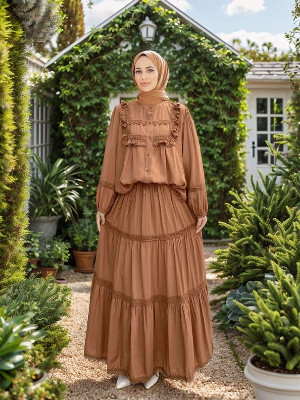 Women's Clothing Muslim Lace Ruffle Stitching Stand Collar Top Long Skirt Suit_ecoleips.com