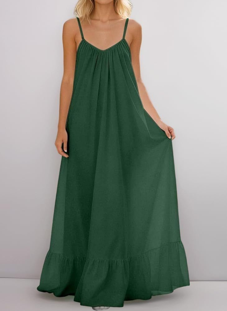 Women's Clothing Solid Color Slip Maxi Dress, Crinkle Textured Sleeveless Long Dress For Casual Streetwear_ecoleips.com
