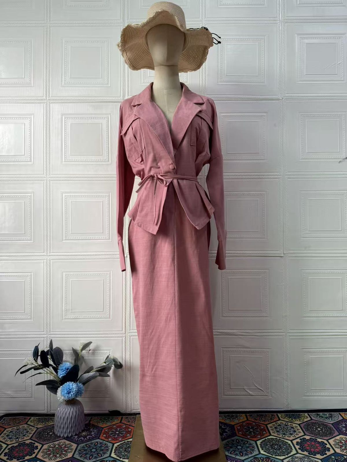 Women's Clothing Modest Set Elegant Long Sleeve Wrap Dress Set – Fall Office Chic, Stretch Polyester Blend, Adjustable Waist, Navy/Blush/White_ecoleips.com