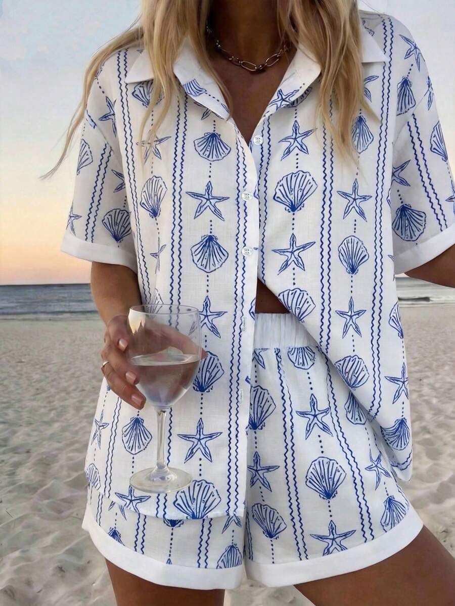 Women's Vacation Style Short Sleeve Shirt & Shorts Set - Floral Print Collared Lounge Outfit For Summer_ecoleips.com
