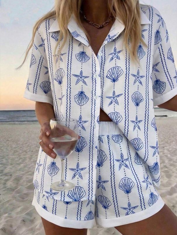 Women's Vacation Style Short Sleeve Shirt & Shorts Set - Floral Print Collared Lounge Outfit For Summer_ecoleips.com