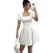 Women's Clothing Summer Elegant Jacquard Dress Slim Fit Square Neck Puff Sleeve A-Line American Style Solid Color_ecoleips.com