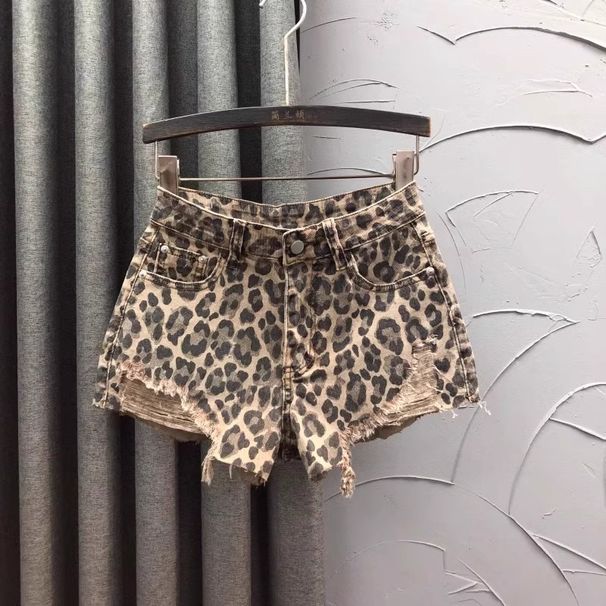 Personalized Leopard Print High Waist Denim Shorts Women's Summer Fashion Foreign Style Age Reduction A Word Trend Rough Edge Hot Pants_ecoleips.com